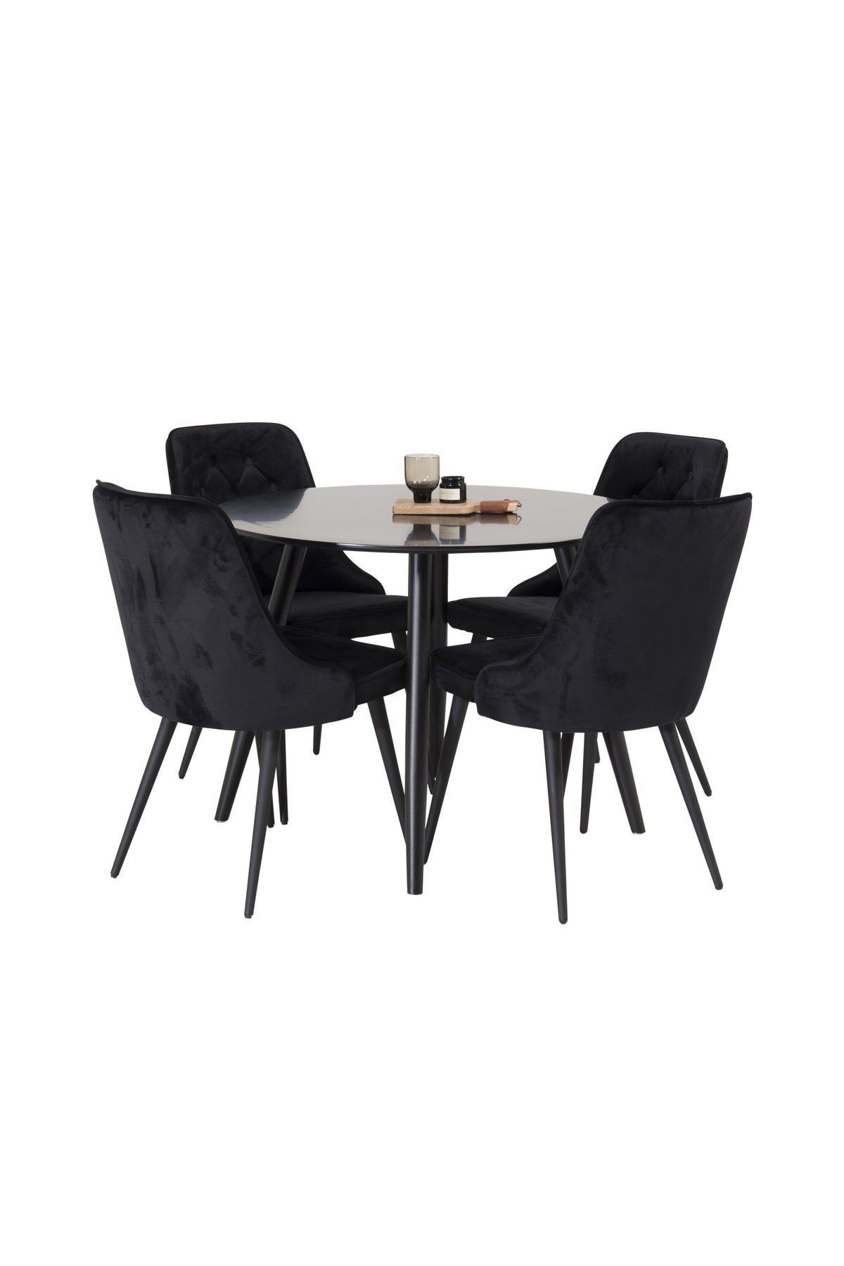 Esszimmer Set Plaza von Venture Home: Esstisch mit MDF-Platte und Stahlgestell in Grau schwarz, dazu vier gepolsterte Velvet Deluxe Stühle.