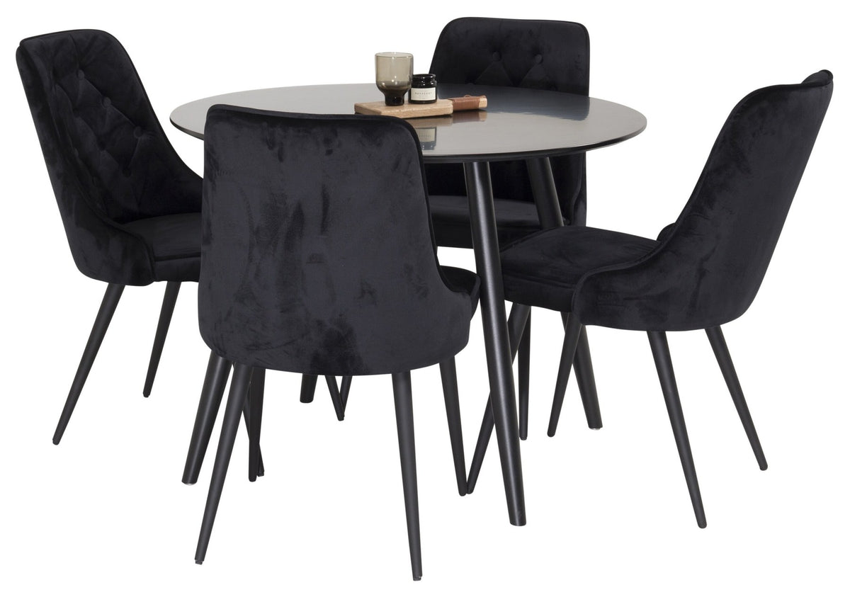 Esszimmer Set Plaza von Venture Home: Esstisch mit MDF-Platte und Stahlgestell in Grau schwarz, dazu vier gepolsterte Velvet Deluxe Stühle.
