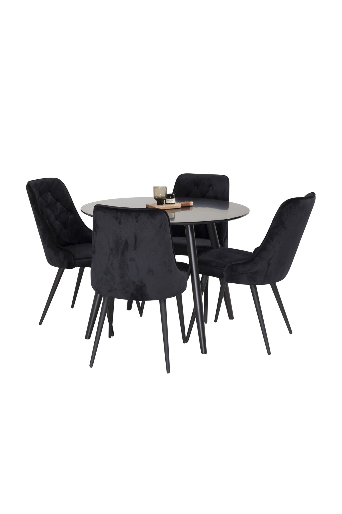 Esszimmer Set Plaza von Venture Home: Esstisch mit MDF-Platte und Stahlgestell in Grau schwarz, dazu vier gepolsterte Velvet Deluxe Stühle.