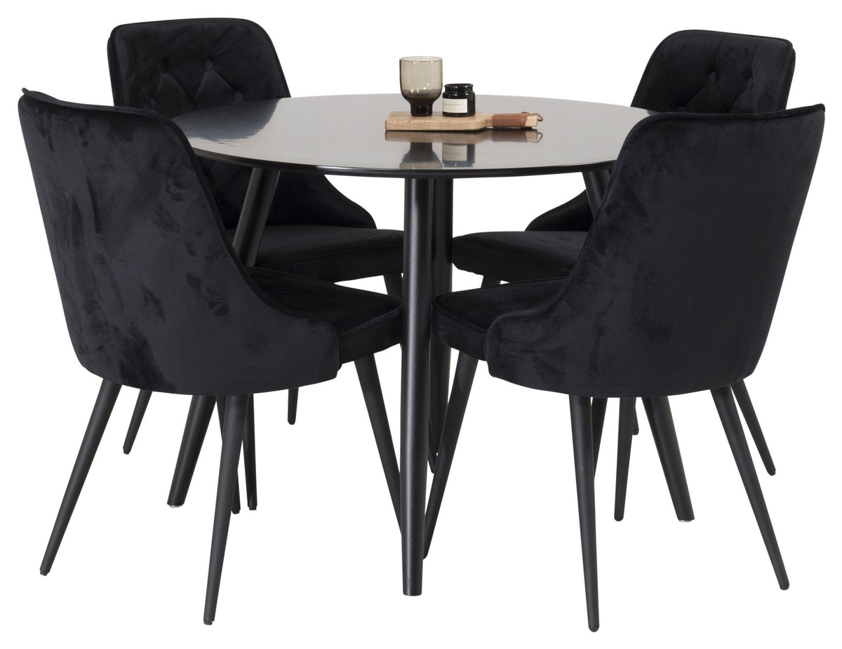 Esszimmer Set Plaza von Venture Home: Esstisch mit MDF-Platte und Stahlgestell in Grau schwarz, dazu vier gepolsterte Velvet Deluxe Stühle.