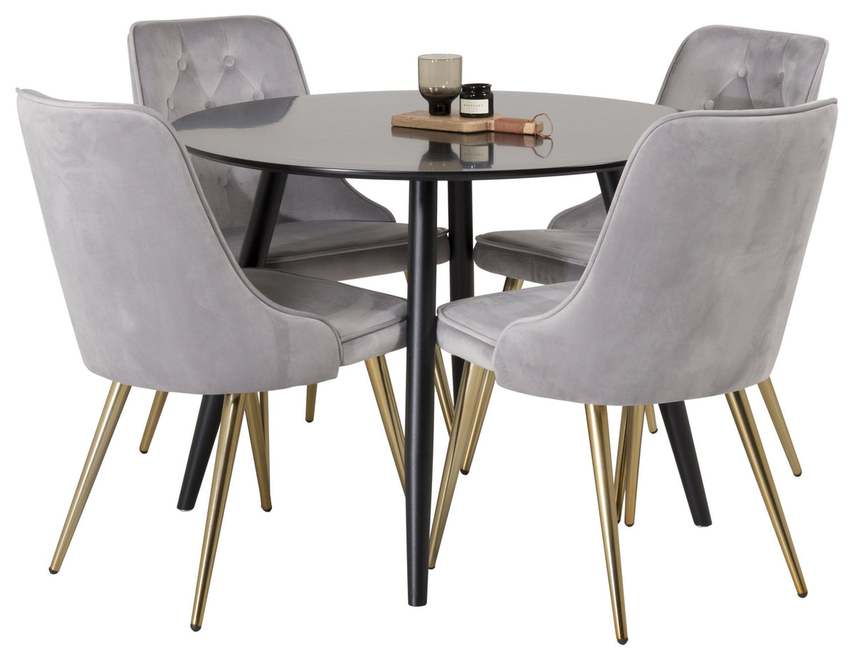 Esszimmer Set Plaza von Venture Home: Esstisch mit MDF-Platte und Stahlgestell in Grau schwarz, dazu vier gepolsterte Velvet Deluxe Stühle.