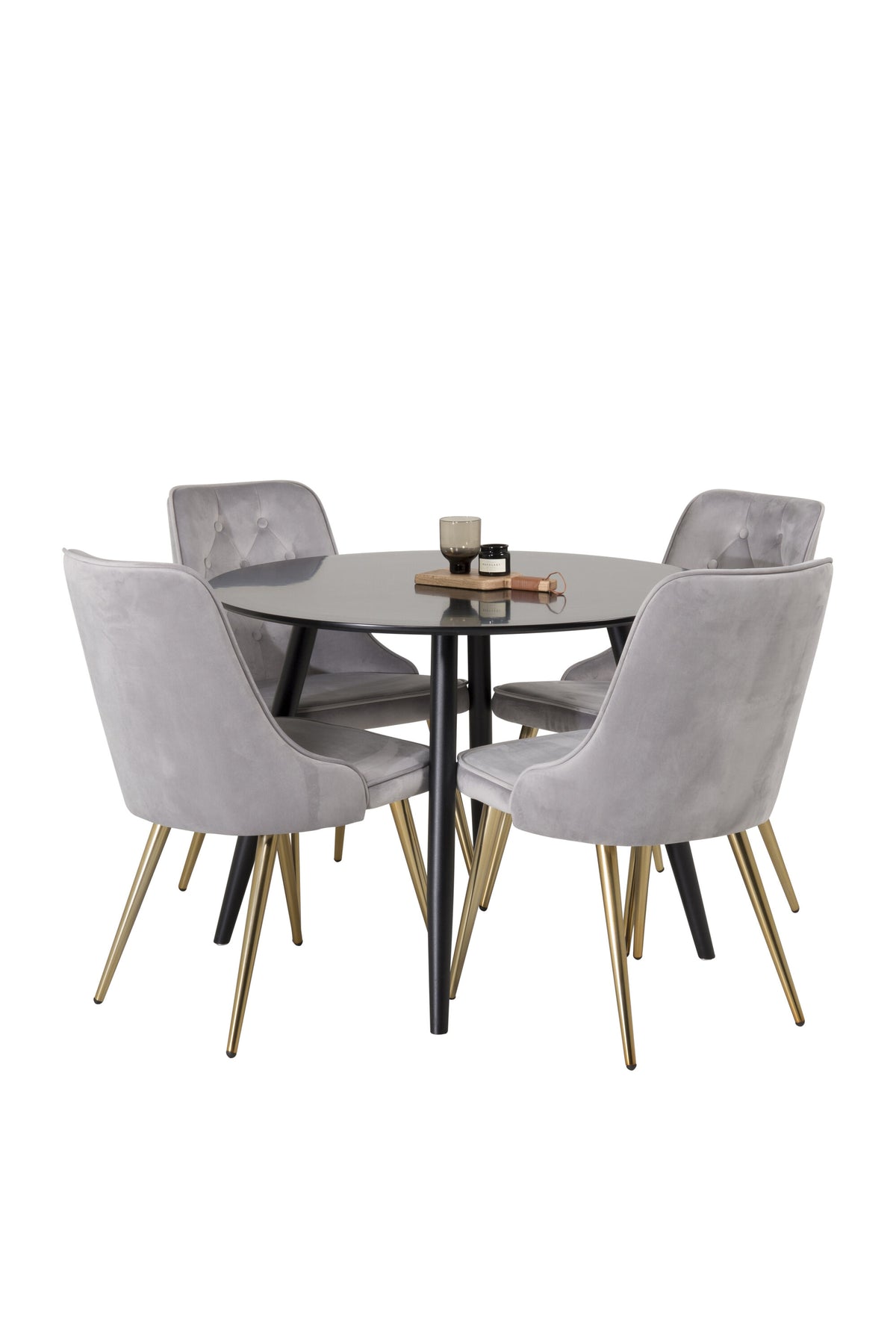 Esszimmer Set Plaza von Venture Home: Esstisch mit MDF-Platte und Stahlgestell in Grau schwarz, dazu vier gepolsterte Velvet Deluxe Stühle.