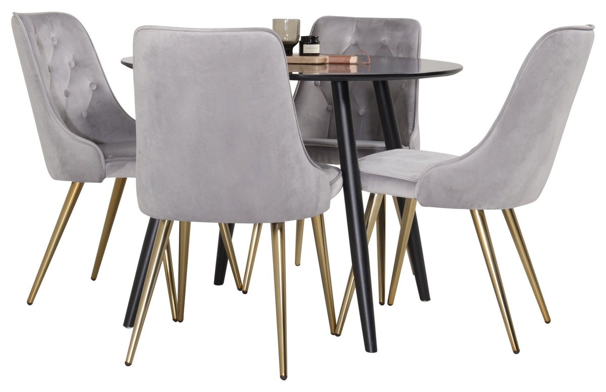 Esszimmer Set Plaza von Venture Home: Esstisch mit MDF-Platte und Stahlgestell in Grau schwarz, dazu vier gepolsterte Velvet Deluxe Stühle.