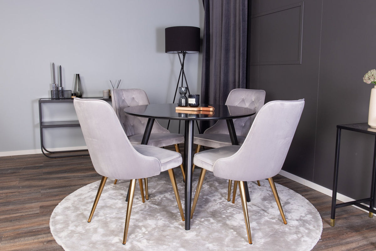 Esszimmer Set Plaza von Venture Home: Esstisch mit MDF-Platte und Stahlgestell in Grau schwarz, dazu vier gepolsterte Velvet Deluxe Stühle.