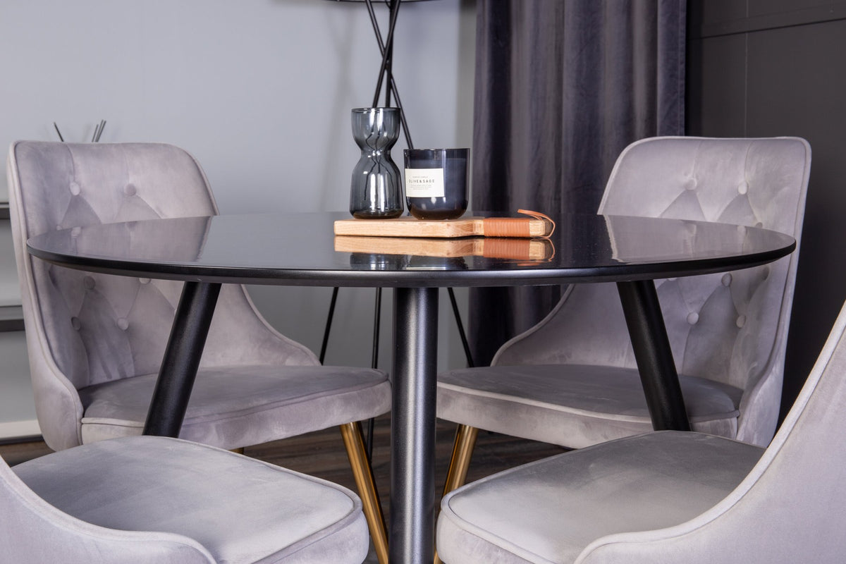 Esszimmer Set Plaza von Venture Home: Esstisch mit MDF-Platte und Stahlgestell in Grau schwarz, dazu vier gepolsterte Velvet Deluxe Stühle.