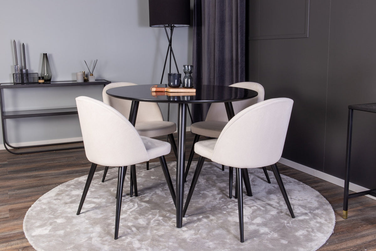 Esszimmer Set Plaza mit Stuhl Velvet von Venture Home: Esstisch aus MDF mit Stahlgestell in Schwarz, dazu vier gepolsterte Stühle.