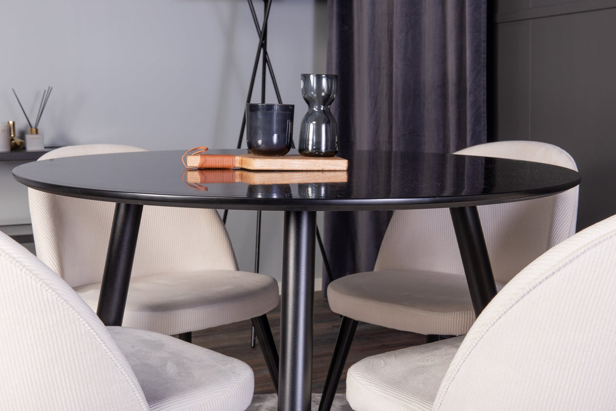 Esszimmer Set Plaza mit Stuhl Velvet von Venture Home: Esstisch aus MDF mit Stahlgestell in Schwarz, dazu vier gepolsterte Stühle.
