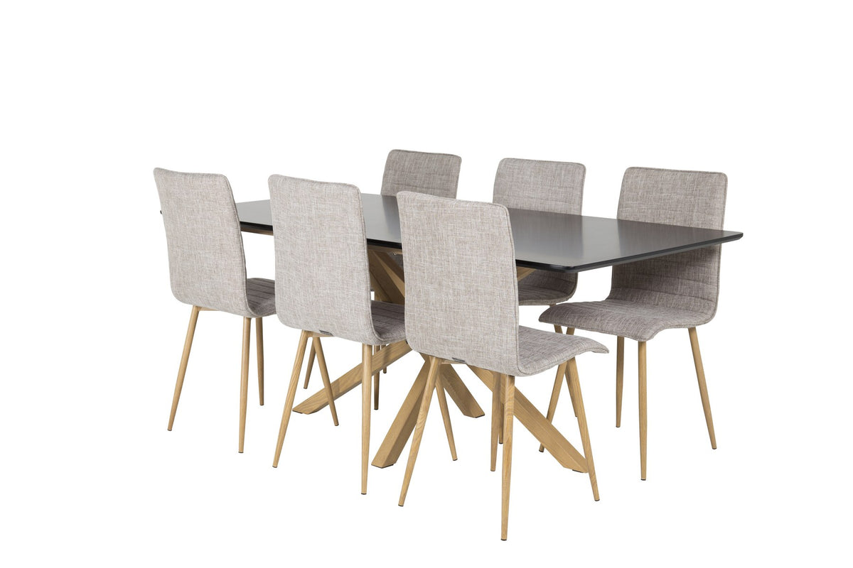 Esstisch Piazza mit schwarzer MDF-Tischplatte und Stahlgestell, kombiniert mit Windu-Stühlen aus Sperrholz und Polyester-Leinen in Hellgrau/Natur.