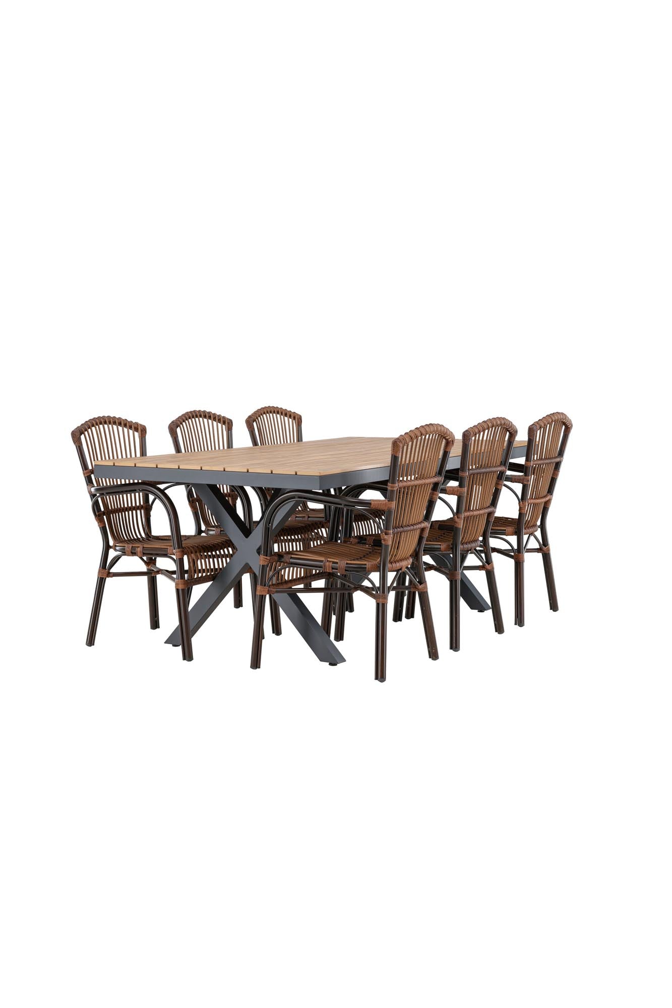 Elegantes Esszimmer-Set: Moderner Tisch mit Holzfurnier und Aluminiumbeinen, komfortable Stühle für stilvolle Abende.