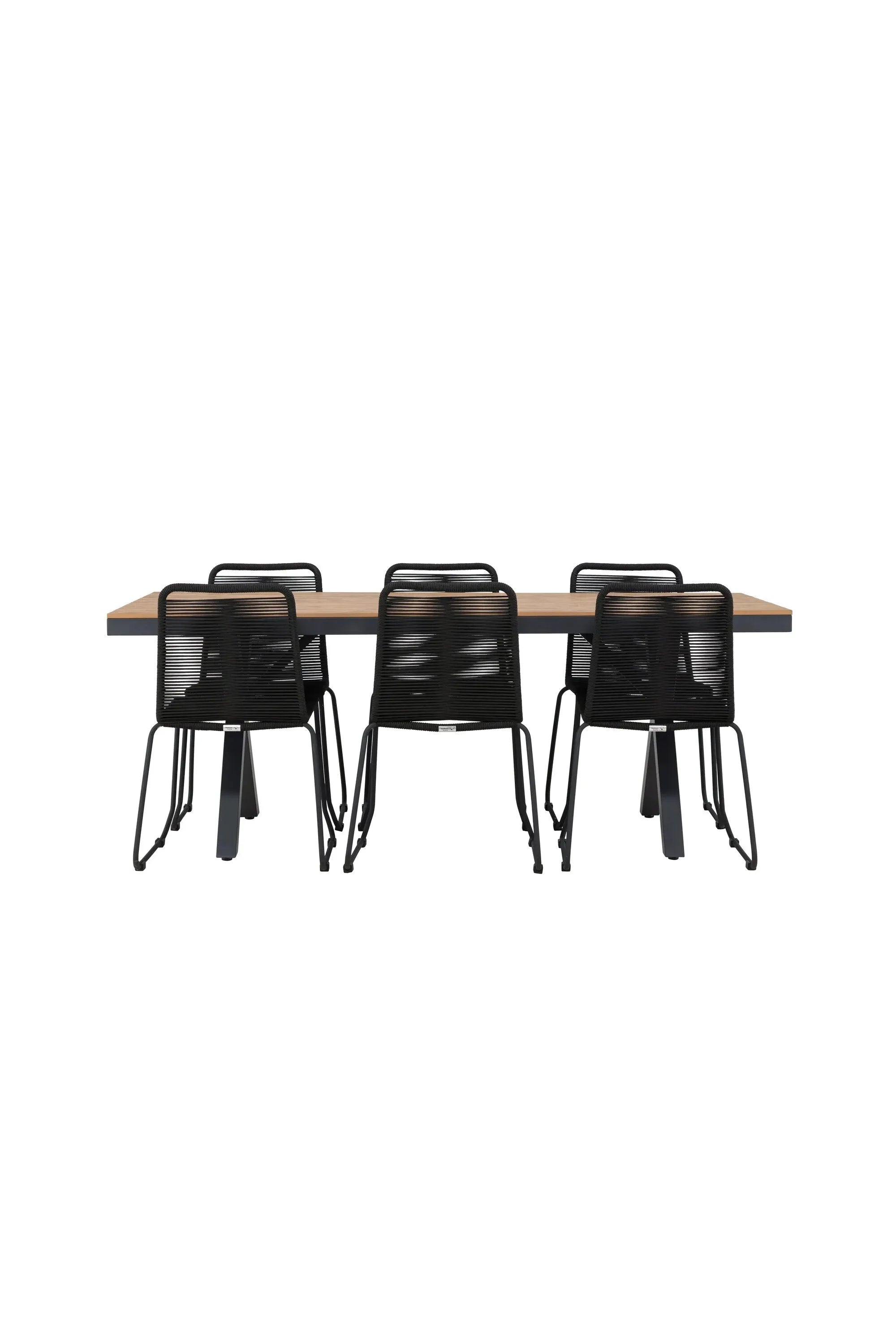 Elegantes Gartentisch-Set mit stapelbaren Stühlen, ideal für stilvolle Outdoor-Bereiche. Hochwertig und platzsparend.