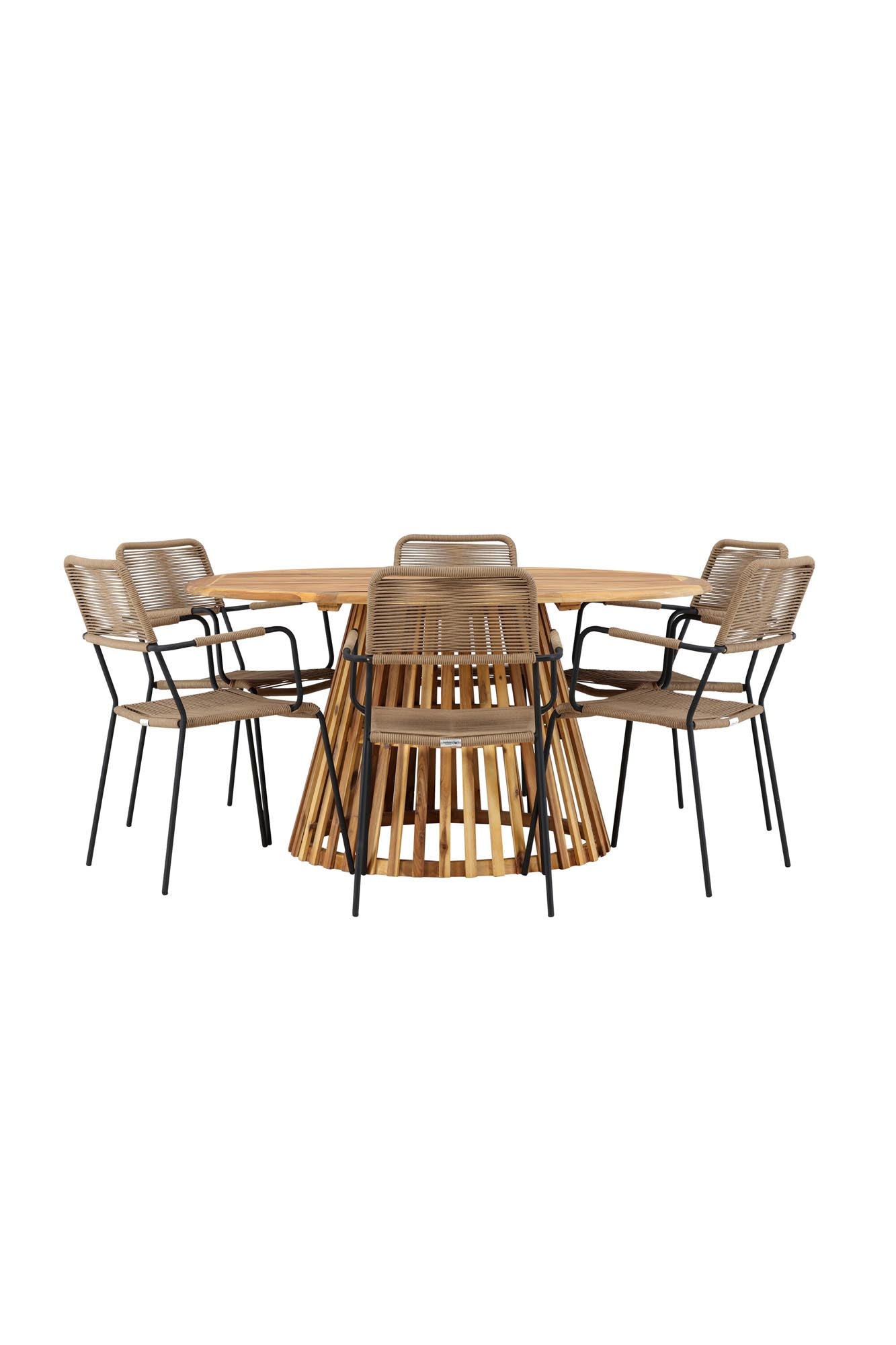Stilvolles Tucumán Gartentisch Set mit rundem Tisch und 6 eleganten Lindos-Stühlen für unvergessliche Outdoor-Momente.