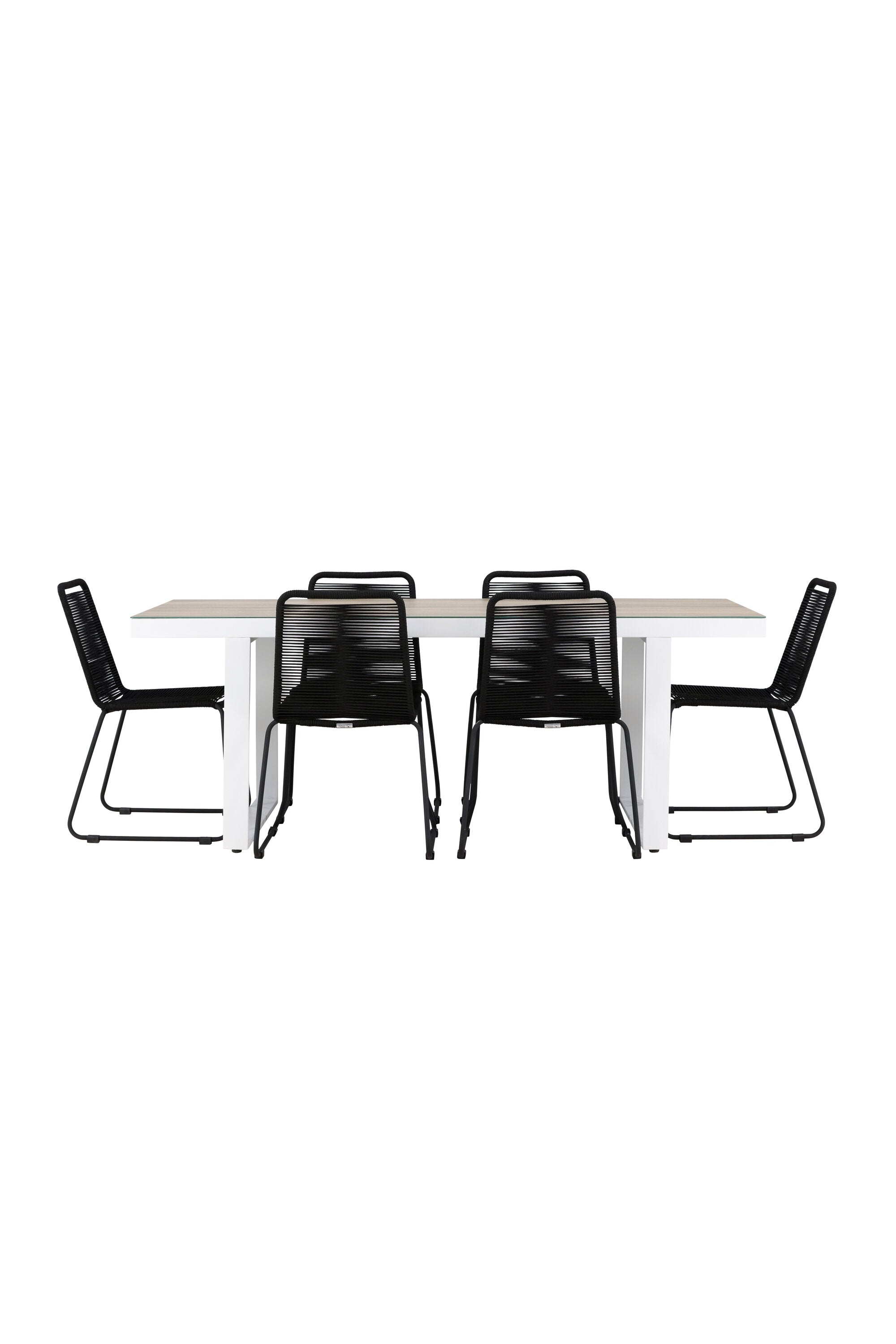 Elegantes Merlo Gartentisch-Set mit Lindos-Stühlen von Venture Home, ideal für zeitgemässe Aussenbereiche und Terrassen.