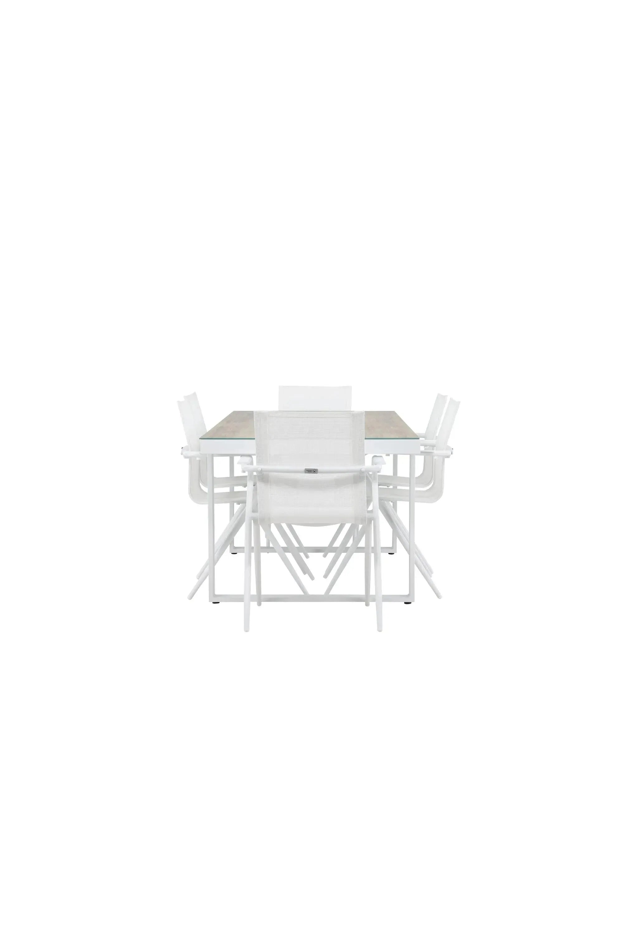 Elegantes Merlo Gartentisch Set: Glasplatte, Aluminiumgestell, ergonomische Stühle. Modernes Design für stilvolle Anlässe.