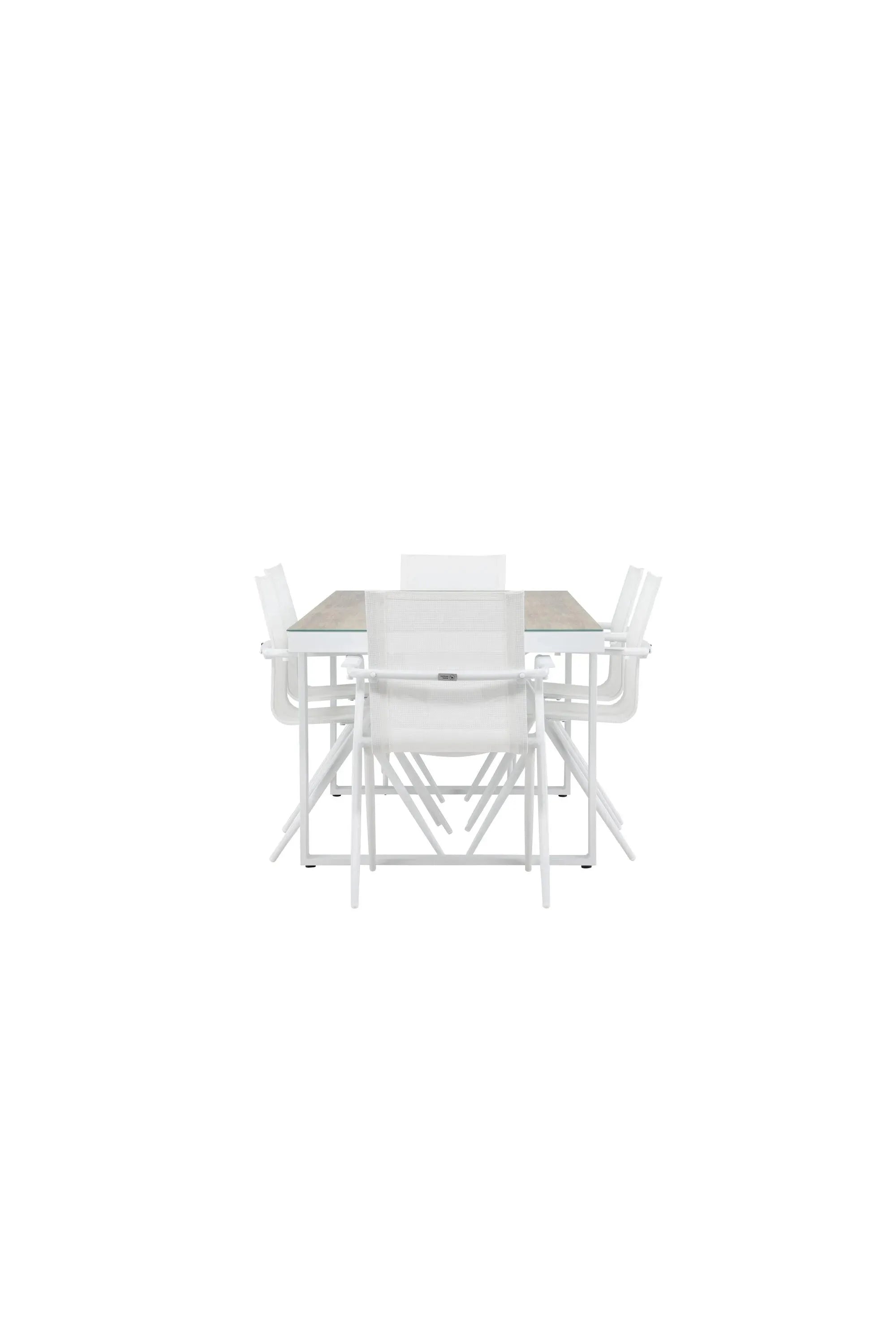 Elegantes Merlo Gartentisch Set: Glasplatte, Aluminiumgestell, ergonomische Stühle. Modernes Design für stilvolle Anlässe.