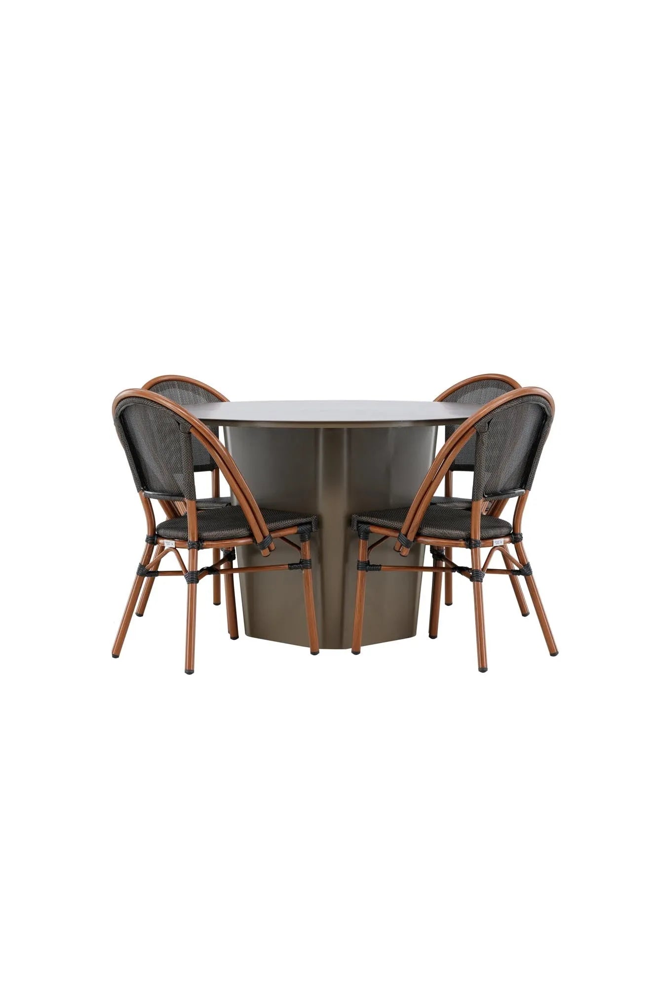 Elegantes, rundes Esszimmerset aus Aluminium, wetterfest, mit ergonomischen Stühlen für stilvollen Komfort.