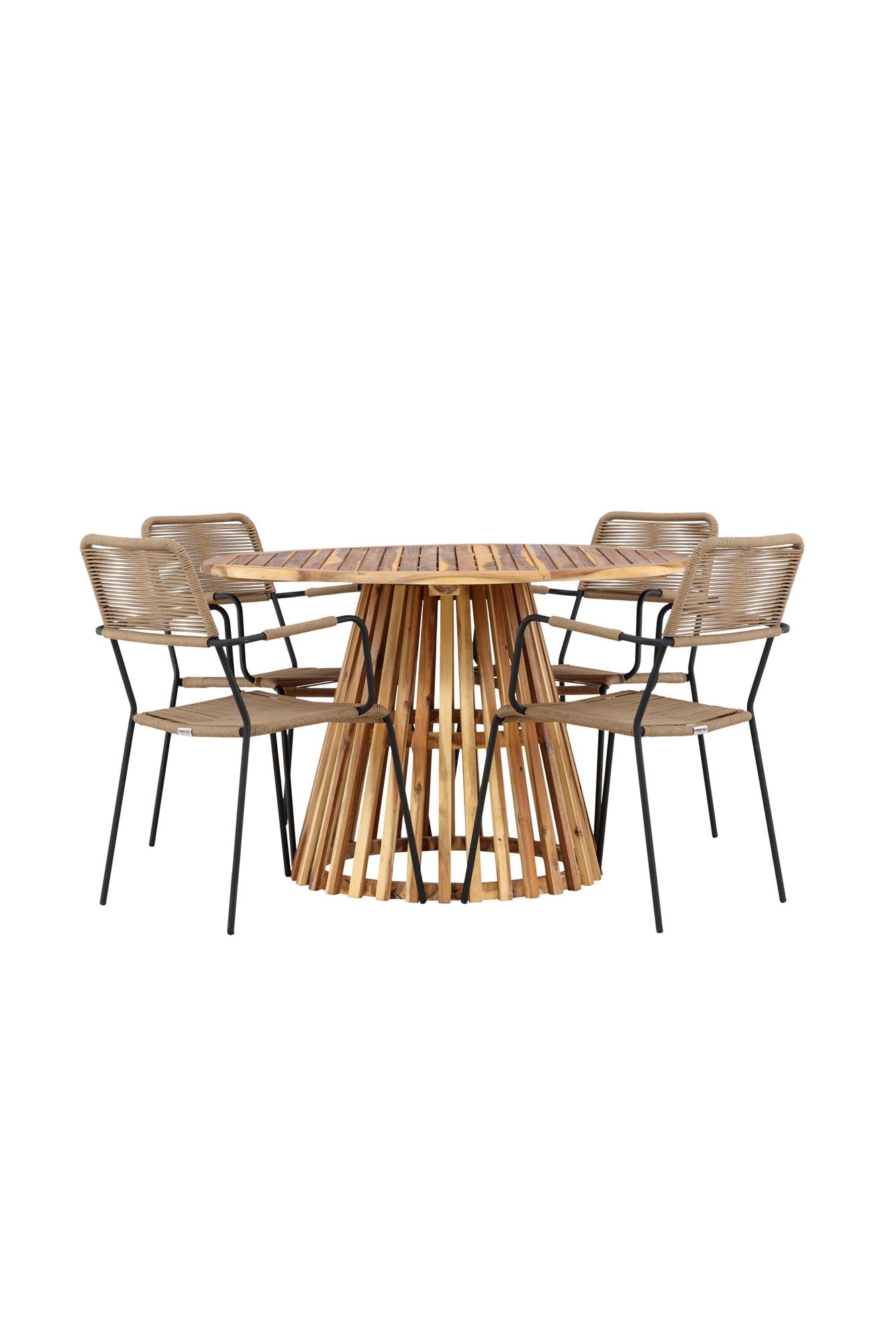 Rundes Gartenset mit modernem Design: Tisch und komfortable Armstühle, perfekt für Garten oder Terrasse.