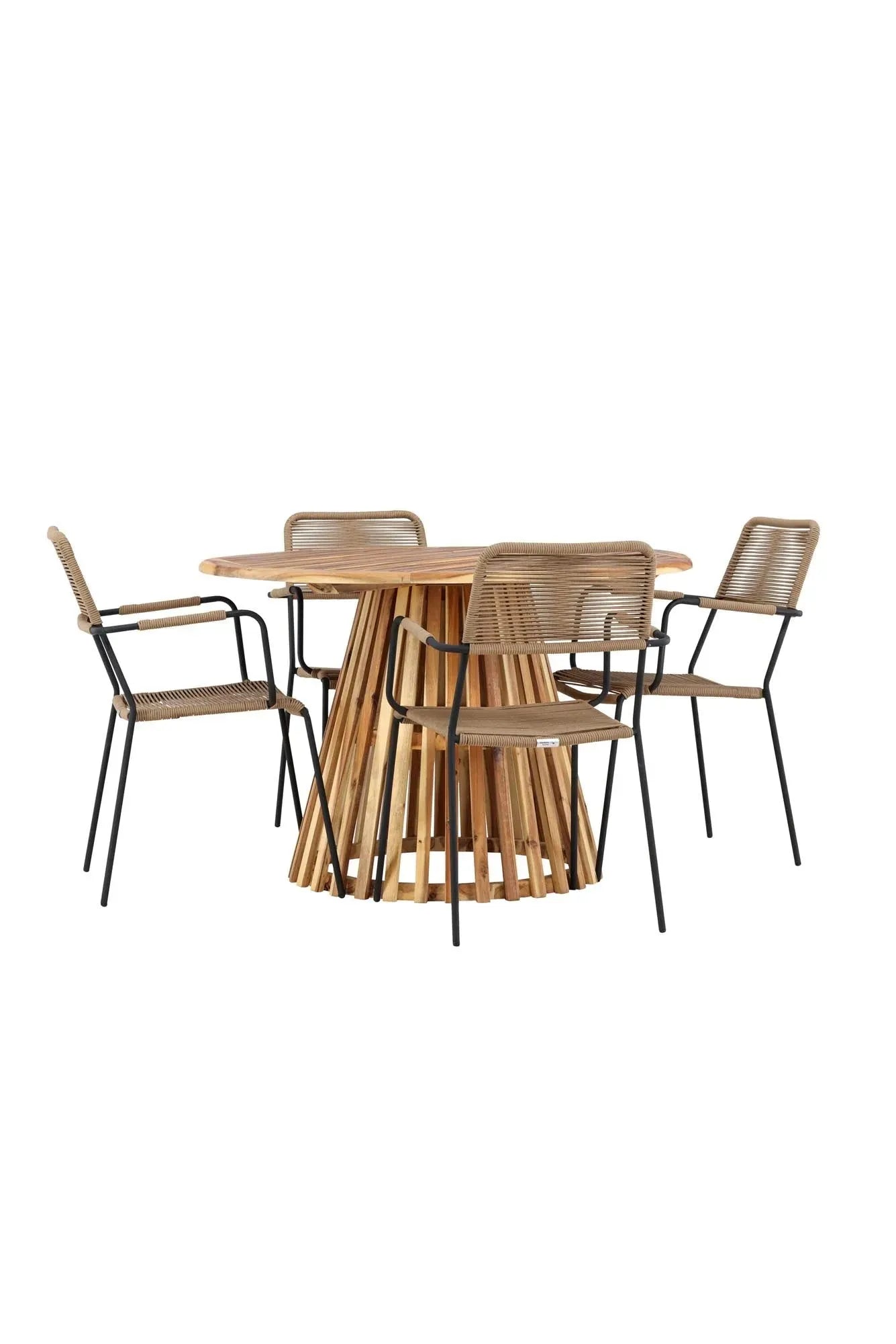 Elegantes Gartenset mit rundem Tisch und bequemen Armstühlen, ideal für stilvolle Momente im Garten oder auf der Terrasse.