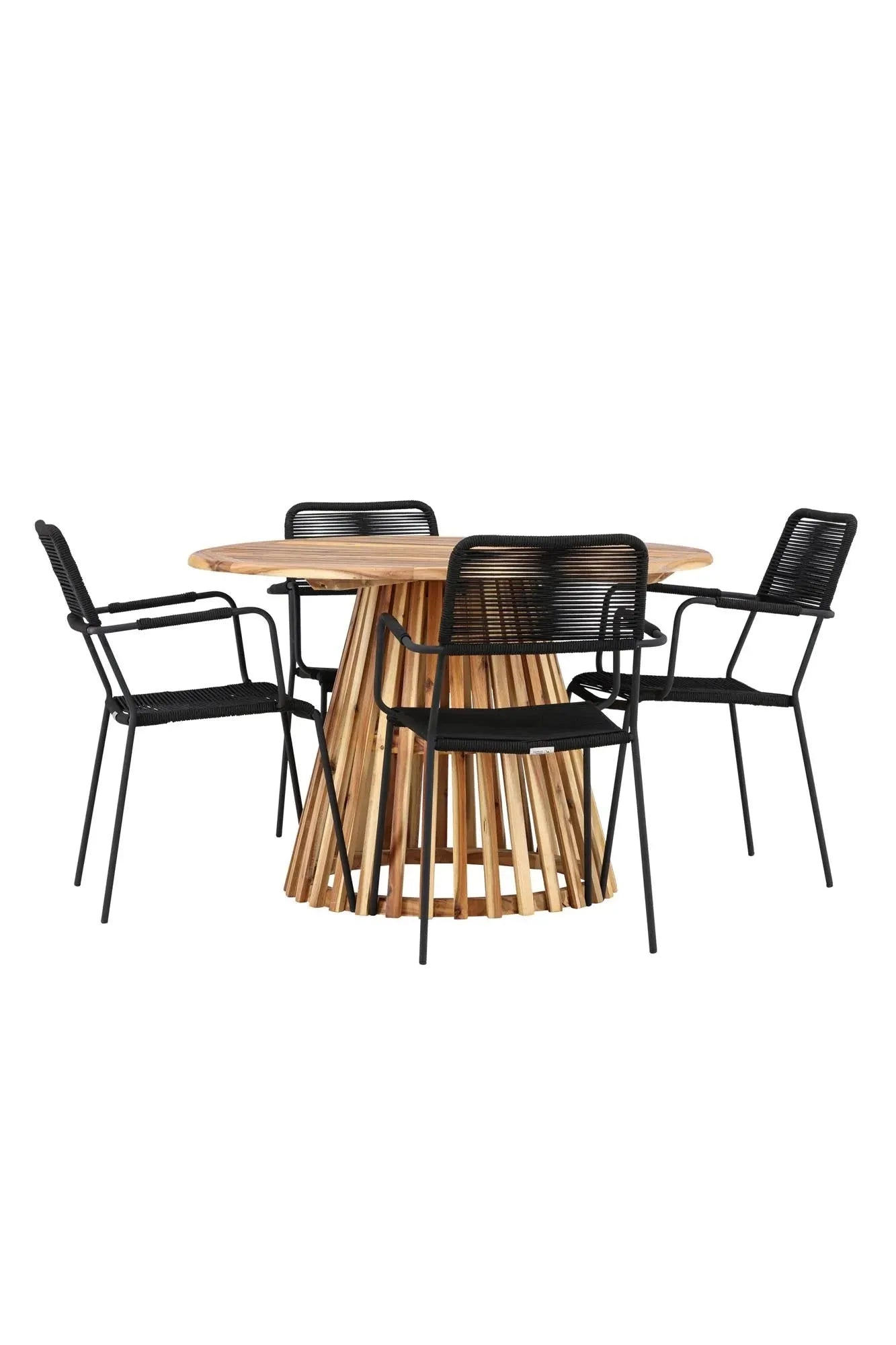 Elegantes Gartenset mit rundem Tisch und bequemen Armstühlen, ideal für stilvolle Momente im Garten oder auf der Terrasse.