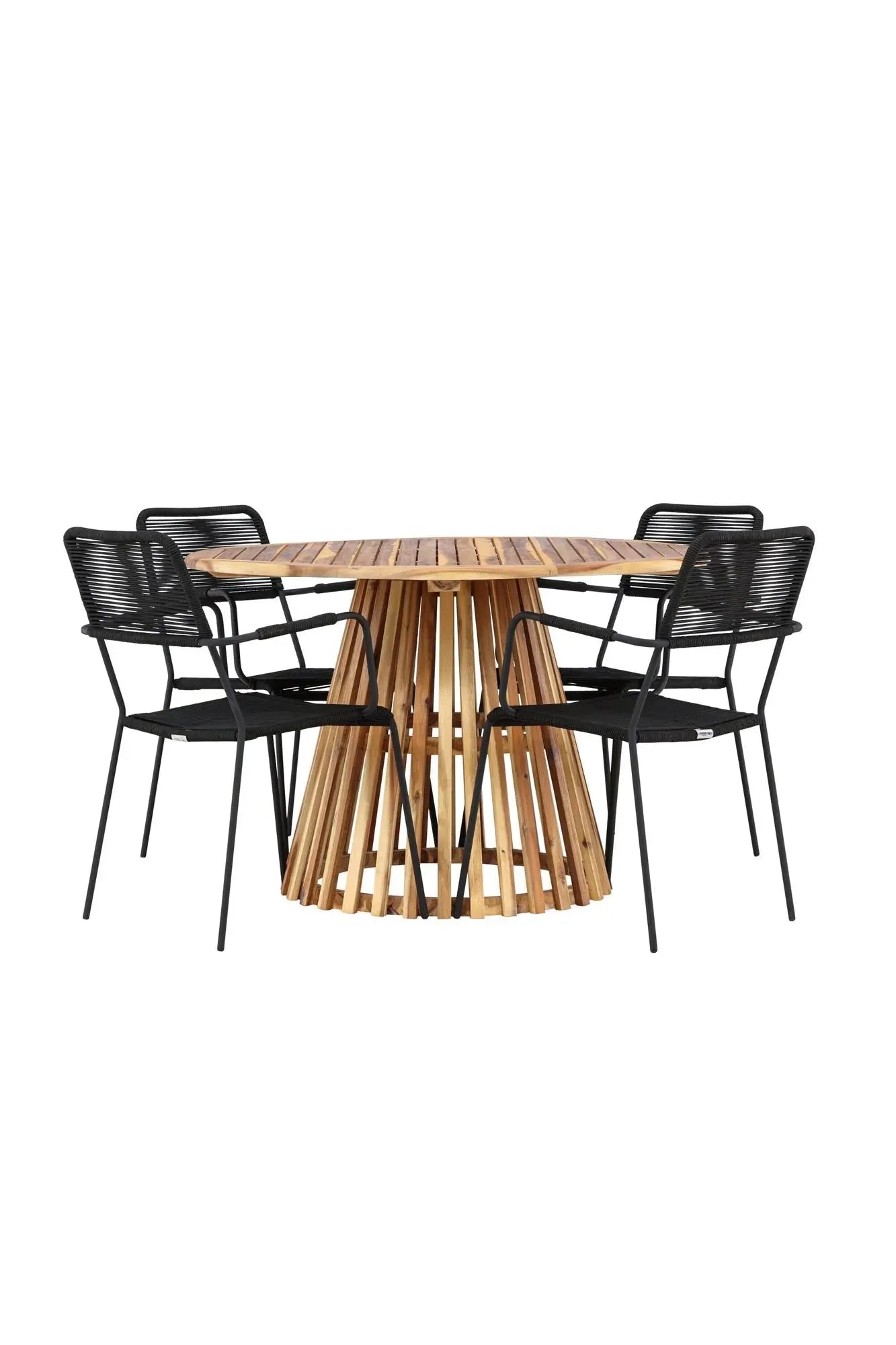 Rundes Gartenset mit modernem Design: Tisch und komfortable Armstühle, perfekt für Garten oder Terrasse.