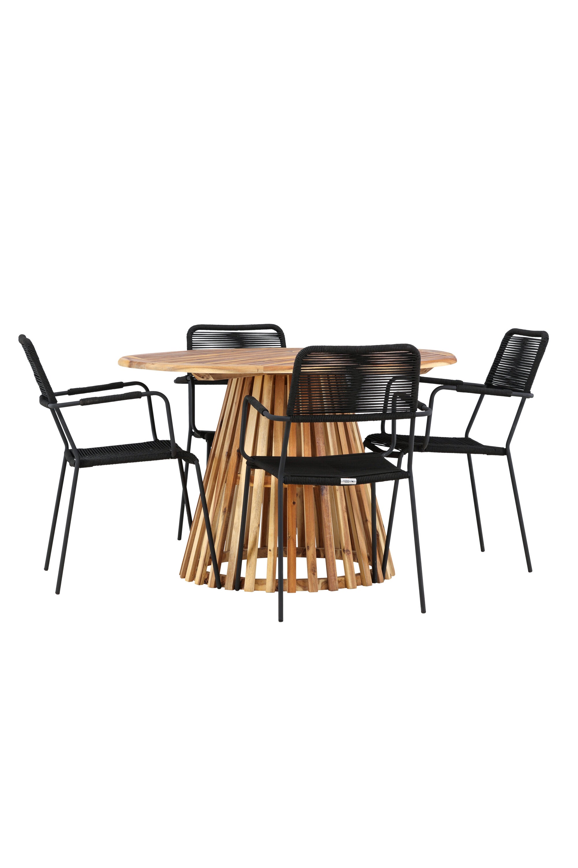 Elegantes Gartenset mit rundem Tisch und bequemen Armstühlen, ideal für stilvolle Momente im Garten oder auf der Terrasse.
