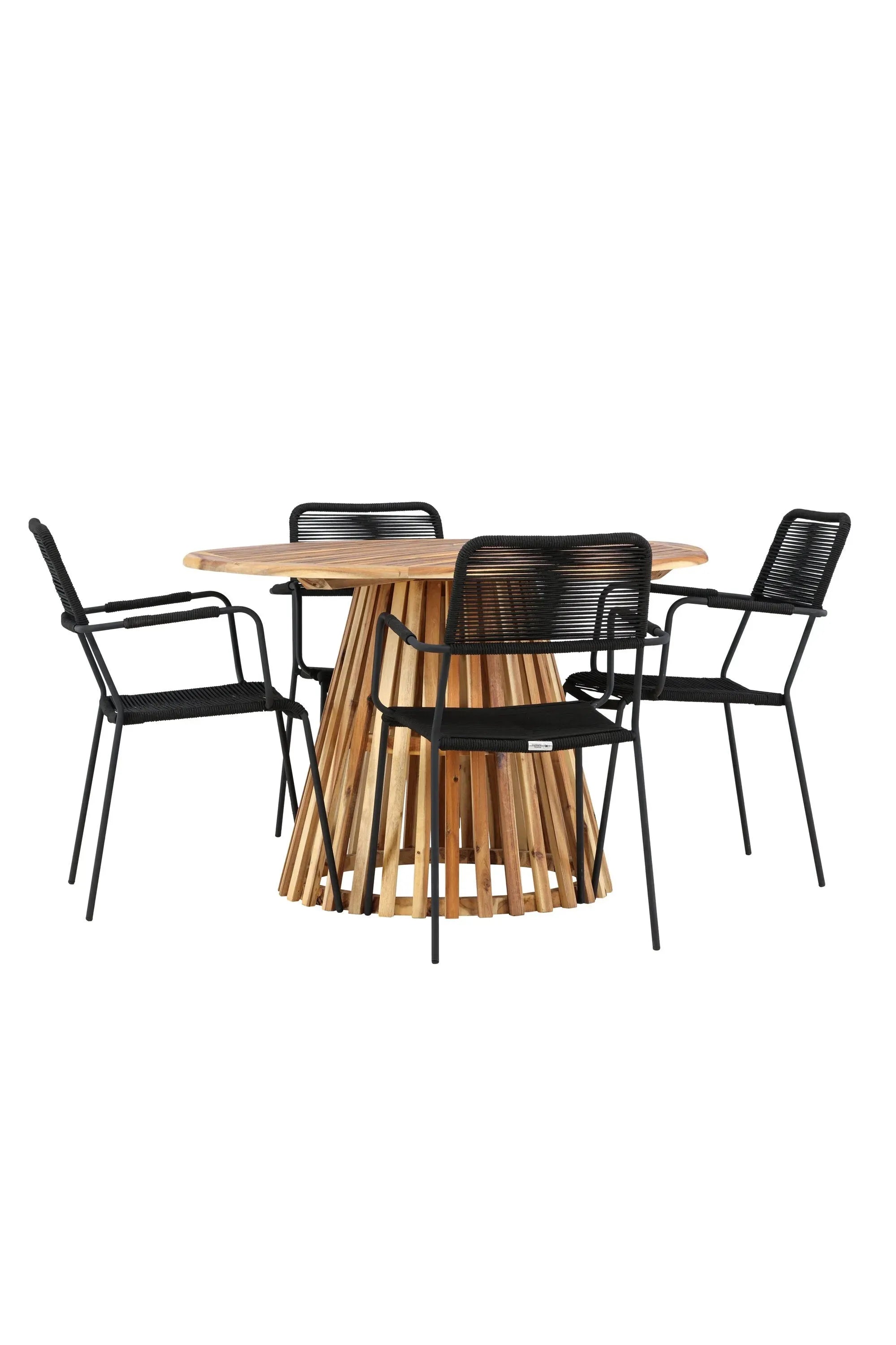Elegantes Gartenset mit rundem Tisch und bequemen Armstühlen, ideal für stilvolle Momente im Garten oder auf der Terrasse.