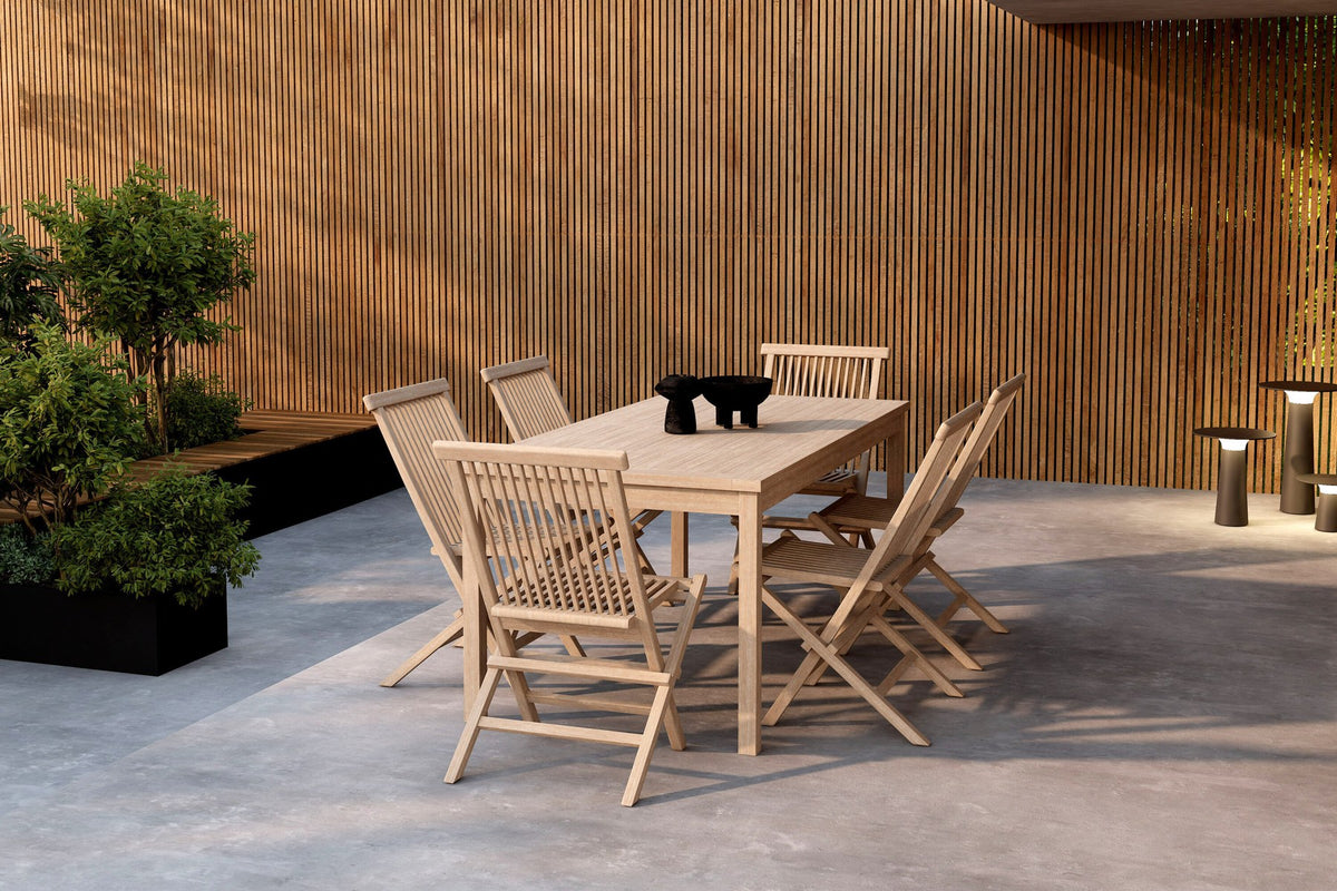 Esstisch Kenya mit Stühlen Kenya, Whitewash, Teakholz, Gartentischset von Venture Home für den Aussenbereich, Ansicht von schräg vorne.