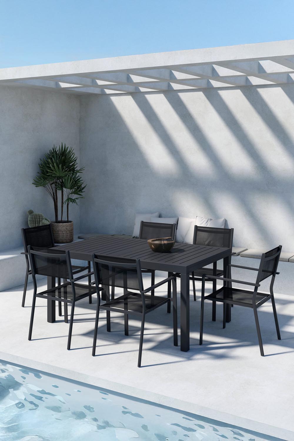 Schwarzes Gartentischset Capo mit Esszimmerstühlen Copacabana aus Aluminium, Sitzfläche aus Textilene, moderner Essbereich im Freien.