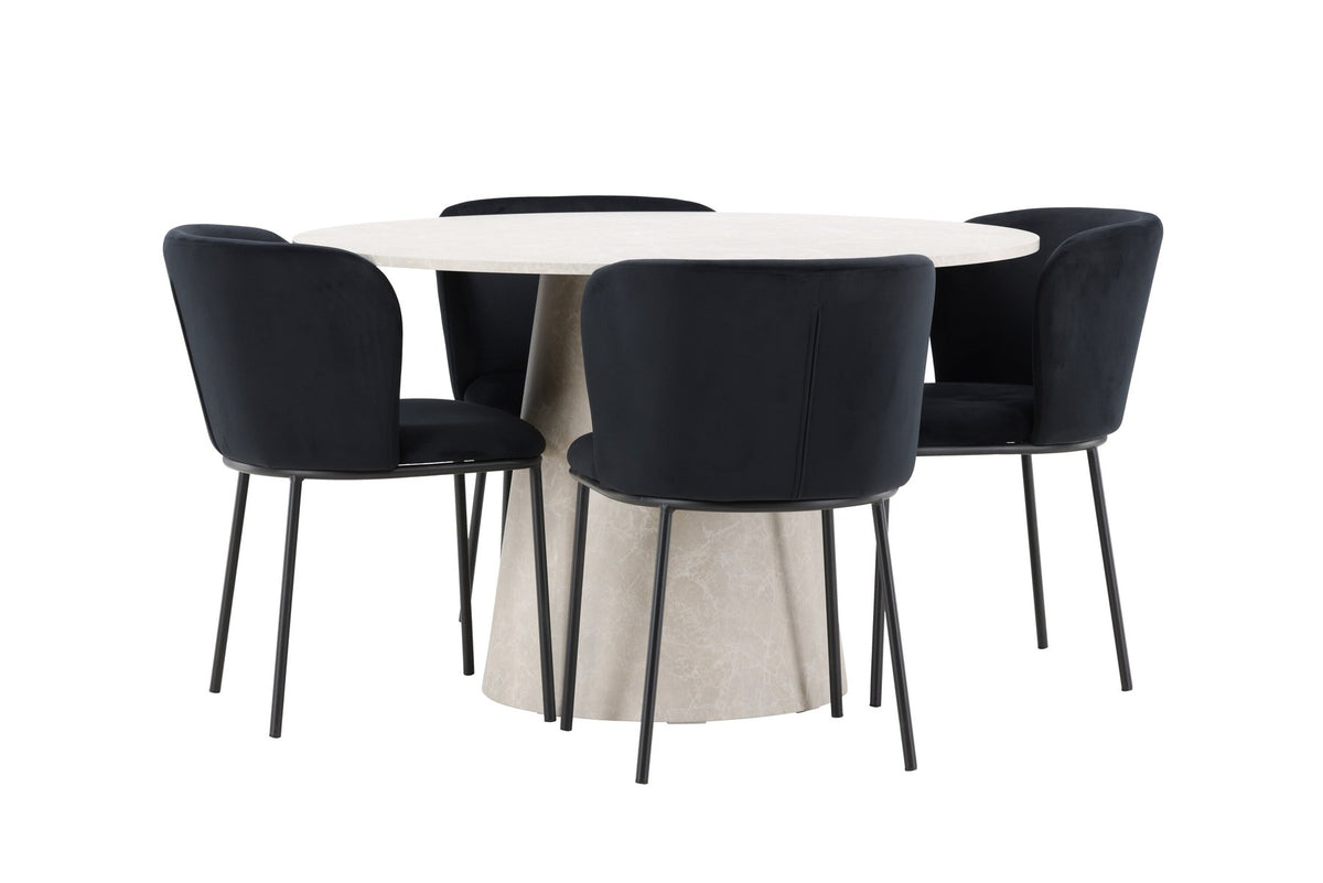 Esszimmerset Lanzo mit Edina Stuhl von Venture Home: runder Esstisch aus MDF in Beige mit vier passenden Stühlen im Essbereich