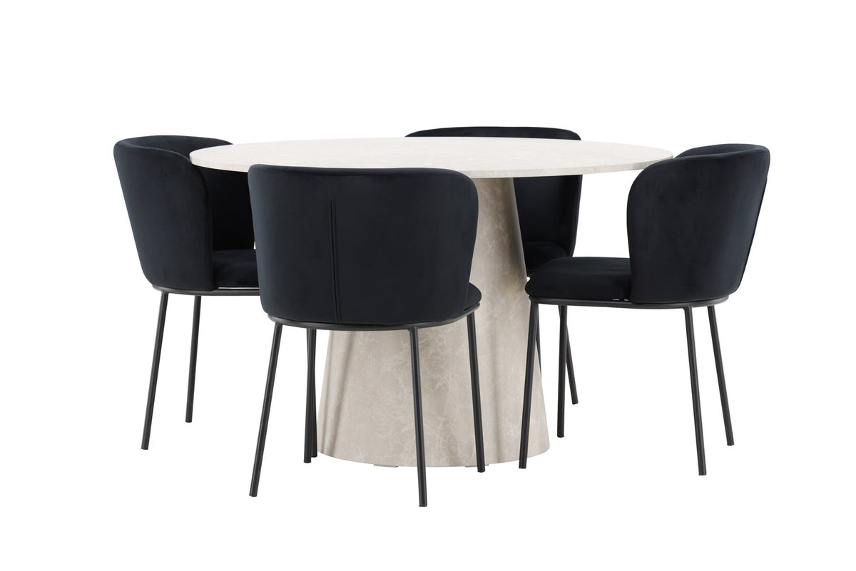 Esszimmerset Lanzo mit Edina Stuhl von Venture Home: runder Esstisch aus MDF in Beige mit vier passenden Stühlen im Essbereich