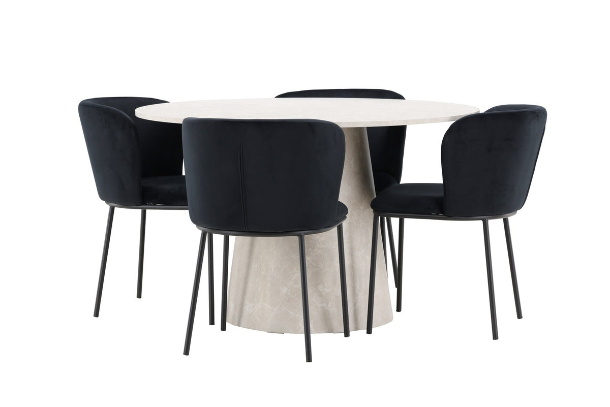 Esszimmerset Lanzo mit Edina Stuhl von Venture Home: runder Esstisch aus MDF in Beige mit vier passenden Stühlen im Essbereich