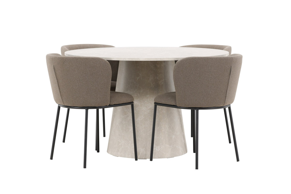 Esszimmerset Lanzo mit Edina Stuhl von Venture Home: runder Esstisch aus MDF in Beige mit vier passenden Stühlen im Essbereich
