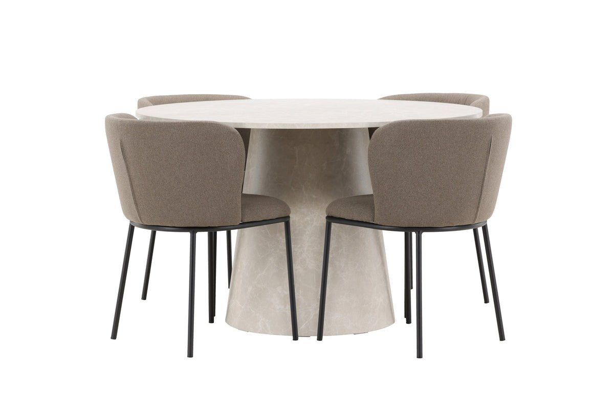 Esszimmerset Lanzo mit Edina Stuhl von Venture Home: runder Esstisch aus MDF in Beige mit vier passenden Stühlen im Essbereich