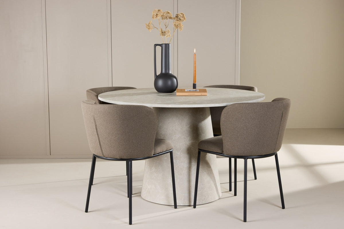 Esszimmerset Lanzo mit Edina Stuhl von Venture Home: runder Esstisch aus MDF in Beige mit vier passenden Stühlen im Essbereich