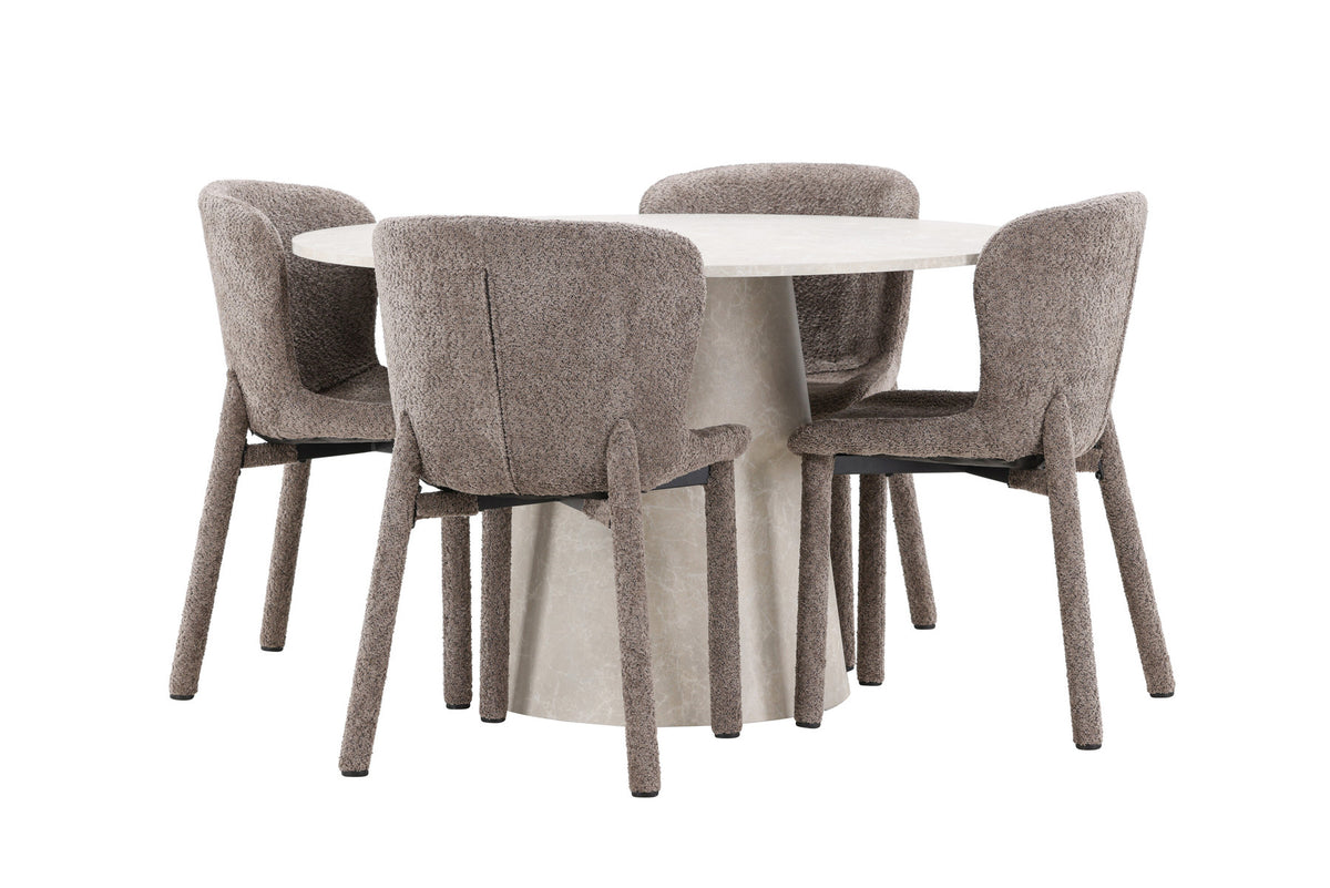 Rundes Esszimmerset Lanzo & Astoria von Venture Home: Esstisch Ø120 cm in Beige mit Marmor-Optik und zwei Esszimmerstühle in Braun aus MDF