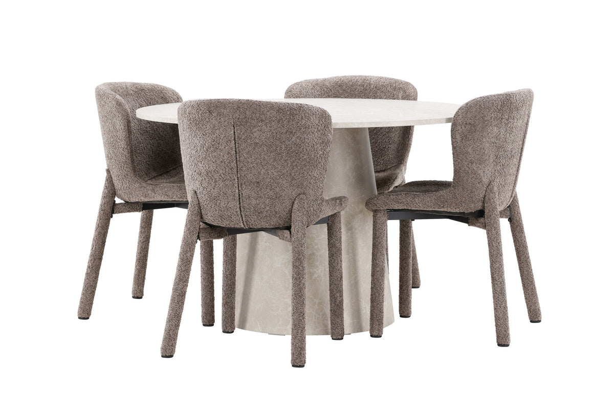 Rundes Esszimmerset Lanzo & Astoria von Venture Home: Esstisch Ø120 cm in Beige mit Marmor-Optik und zwei Esszimmerstühle in Braun aus MDF