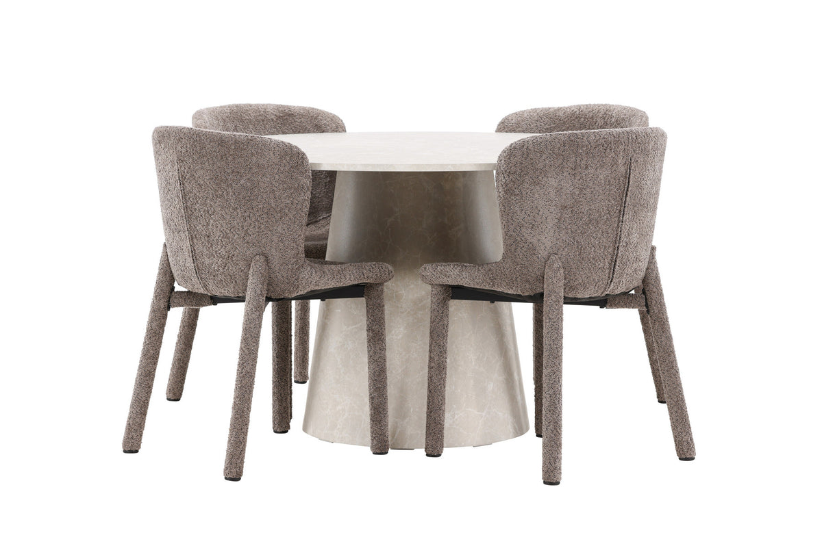 Rundes Esszimmerset Lanzo & Astoria von Venture Home: Esstisch Ø120 cm in Beige mit Marmor-Optik und zwei Esszimmerstühle in Braun aus MDF