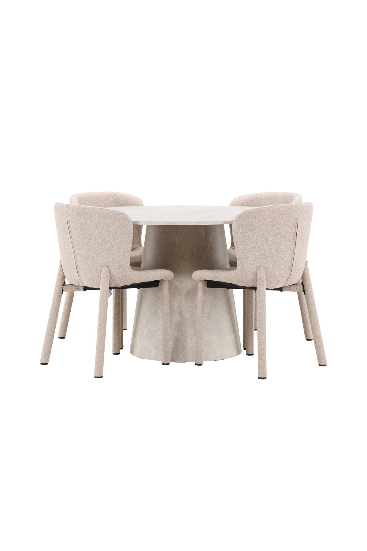 Beiger Esstisch Lanzo aus MDF mit vier gepolsterten Astoria-Stühlen mit Bouclé-Bezug, rechteckige Tischform, skandinavisches Design