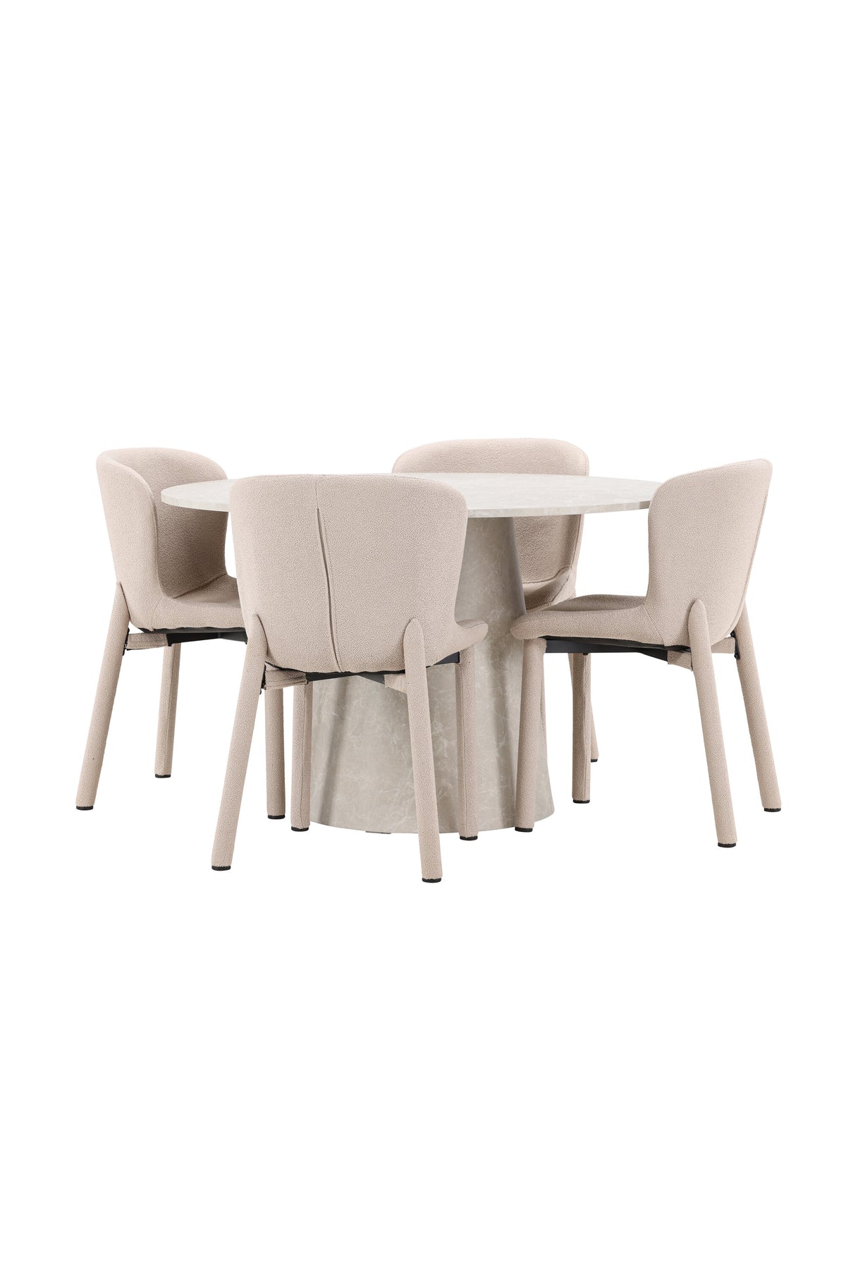 Beiger Esstisch Lanzo aus MDF mit vier gepolsterten Astoria-Stühlen mit Bouclé-Bezug, rechteckige Tischform, skandinavisches Design