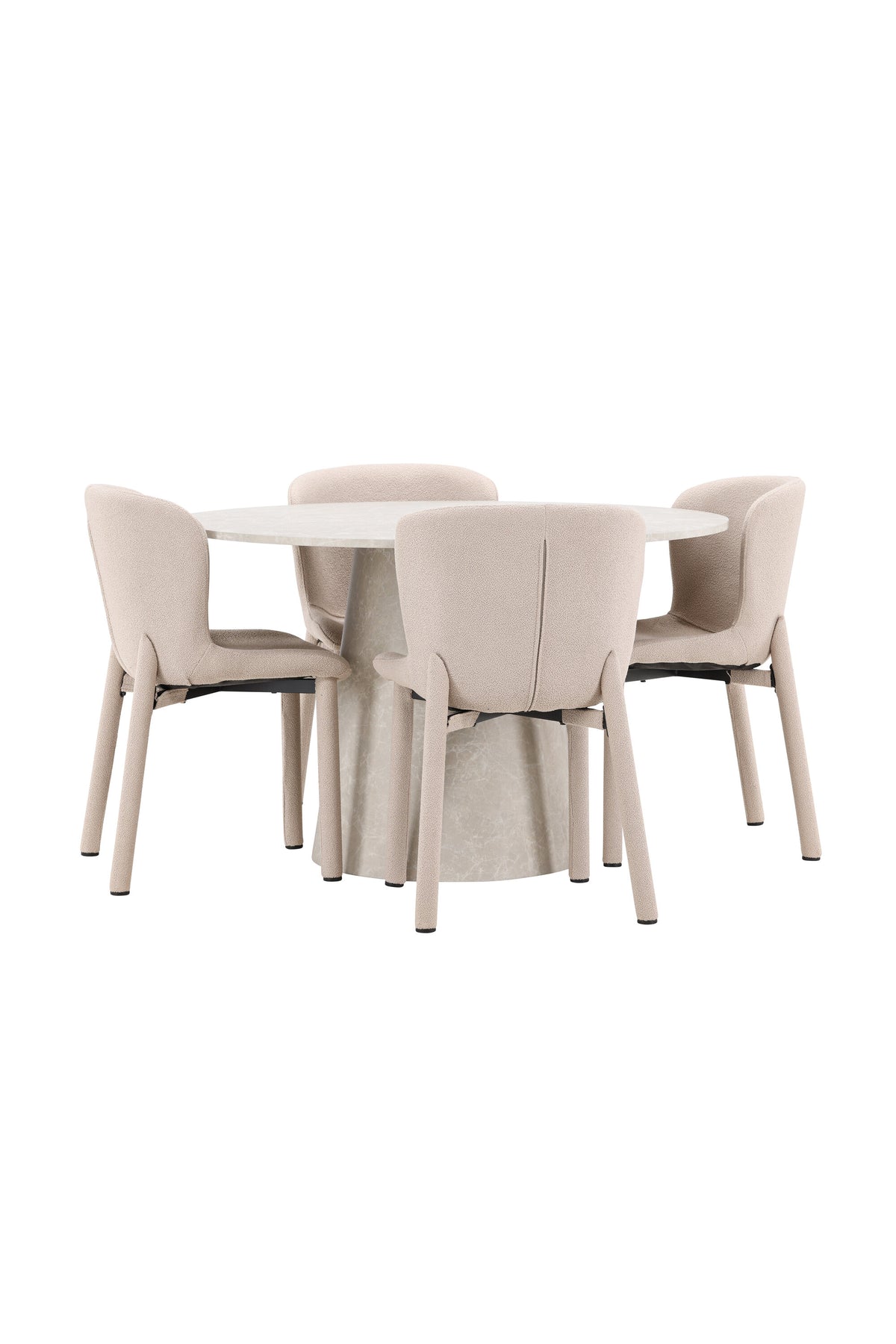 Beiger Esstisch Lanzo aus MDF mit vier gepolsterten Astoria-Stühlen mit Bouclé-Bezug, rechteckige Tischform, skandinavisches Design