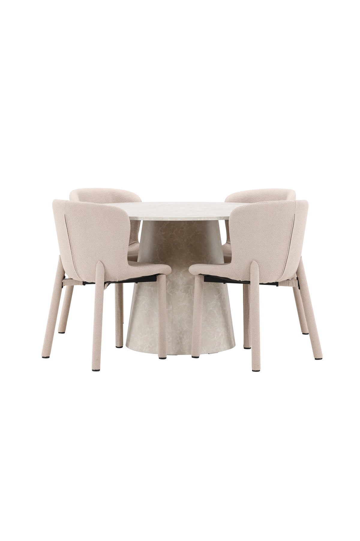Beiger Esstisch Lanzo aus MDF mit vier gepolsterten Astoria-Stühlen mit Bouclé-Bezug, rechteckige Tischform, skandinavisches Design