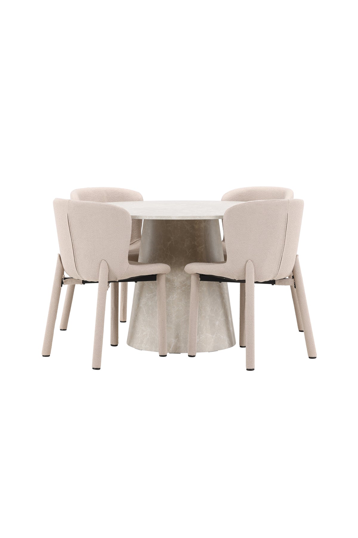 Beiger Esstisch Lanzo aus MDF mit vier gepolsterten Astoria-Stühlen mit Bouclé-Bezug, rechteckige Tischform, skandinavisches Design