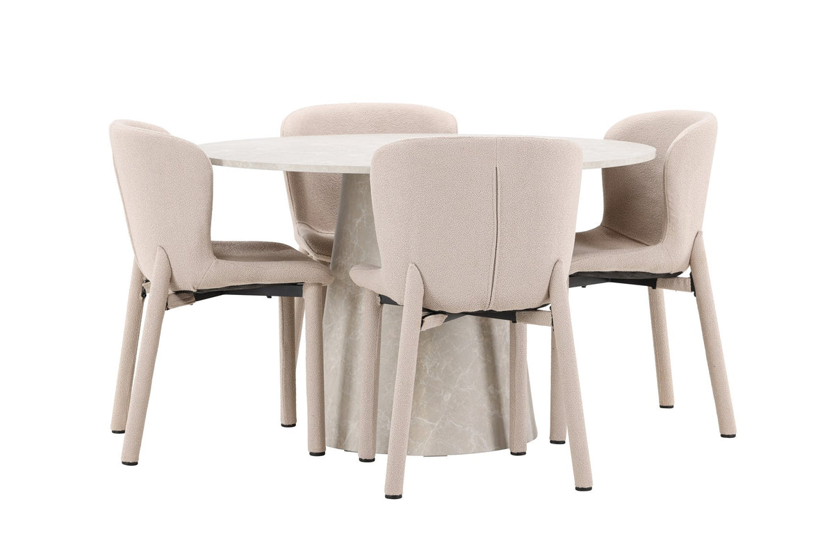 Beiger Esstisch Lanzo aus MDF mit vier gepolsterten Astoria-Stühlen mit Bouclé-Bezug, rechteckige Tischform, skandinavisches Design