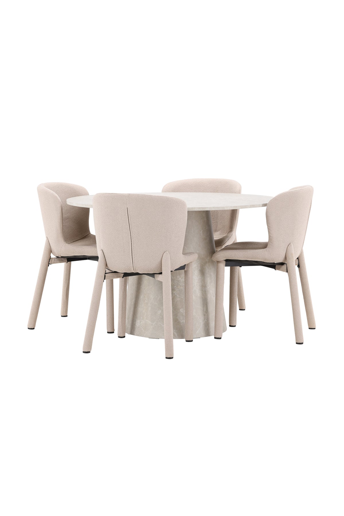 Beiger Esstisch Lanzo aus MDF mit vier gepolsterten Astoria-Stühlen mit Bouclé-Bezug, rechteckige Tischform, skandinavisches Design
