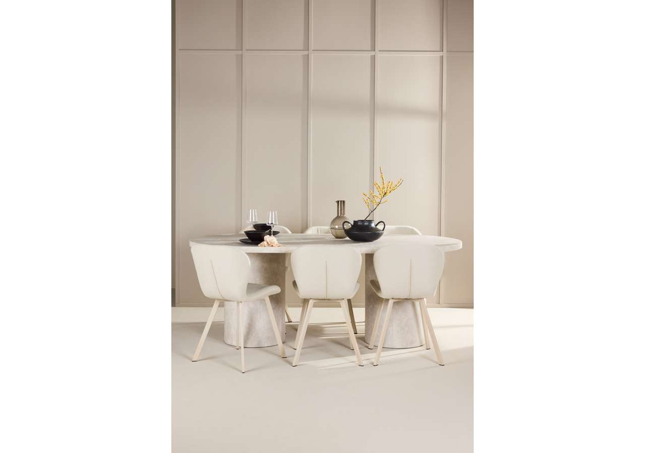 Eleganter Esstisch Narvik mit Marmoroptik und komfortablen Lilja-Stühlen – stilvolles Set für moderne Esszimmer.