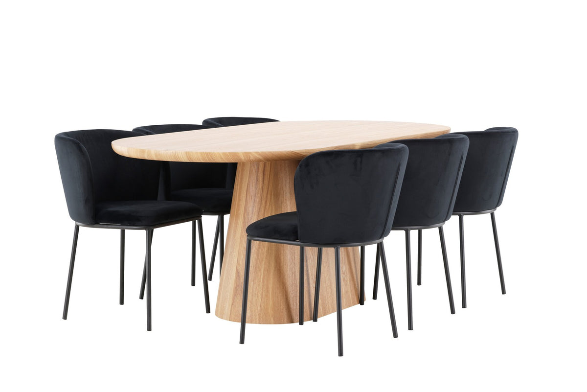 Esszimmerset Stjärnö mit Edina Stuhl: Esstisch mit MDF-Platte in Nature und sechs Stühlen mit Leinenbezug in Braun, skandinavisches Design.