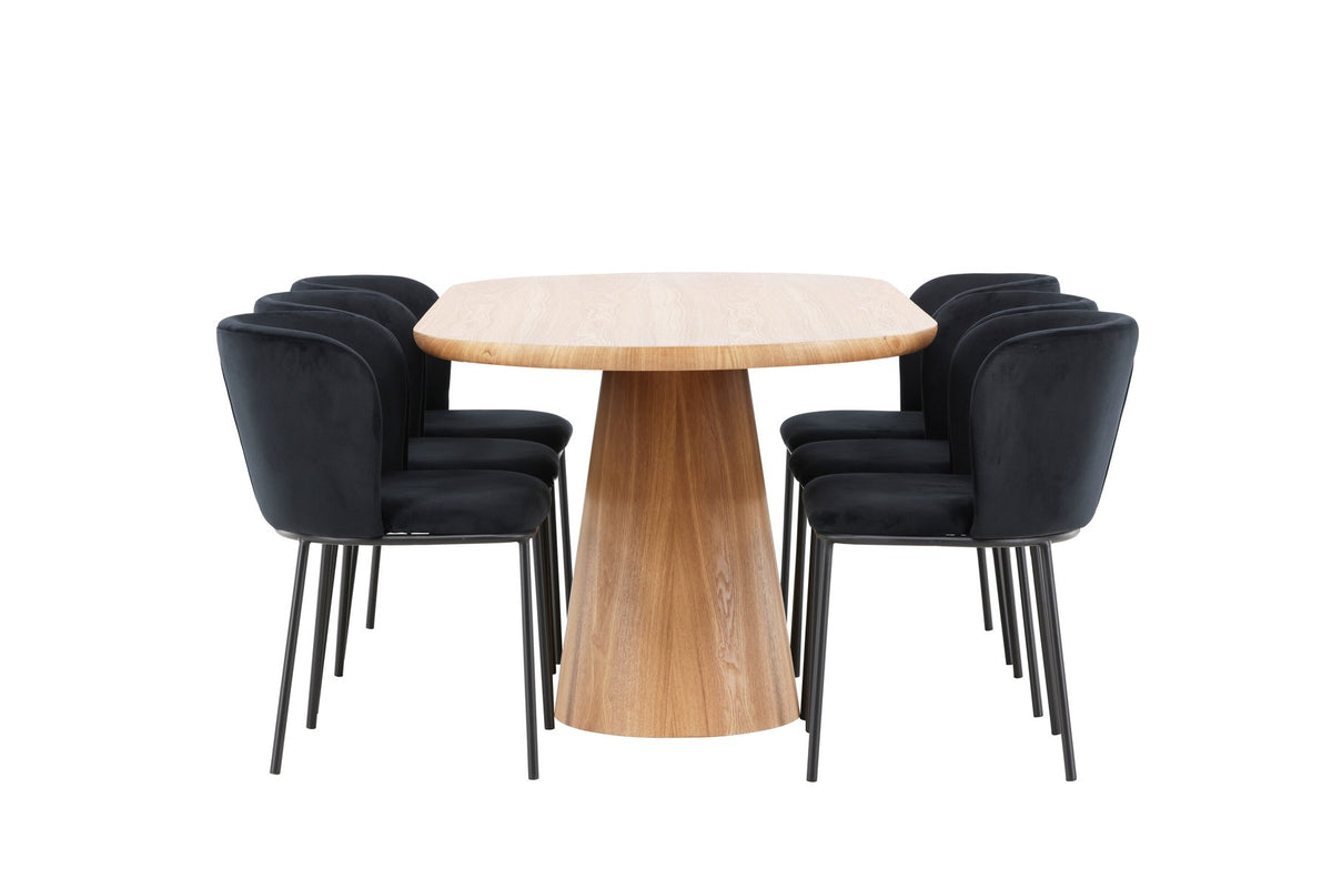 Esszimmerset Stjärnö mit Edina Stuhl: Esstisch mit MDF-Platte in Nature und sechs Stühlen mit Leinenbezug in Braun, skandinavisches Design.