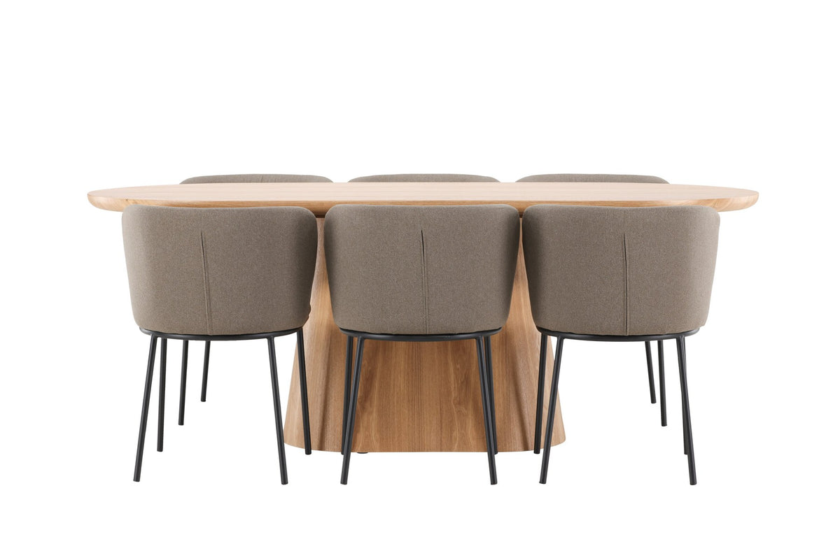 Esszimmerset Stjärnö mit Edina Stuhl: Esstisch mit MDF-Platte in Nature und sechs Stühlen mit Leinenbezug in Braun, skandinavisches Design.