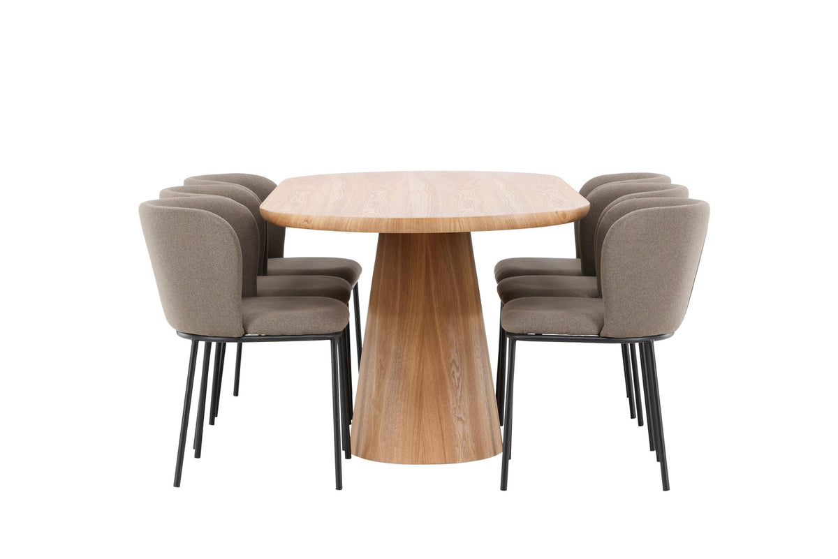 Esszimmerset Stjärnö mit Edina Stuhl: Esstisch mit MDF-Platte in Nature und sechs Stühlen mit Leinenbezug in Braun, skandinavisches Design.