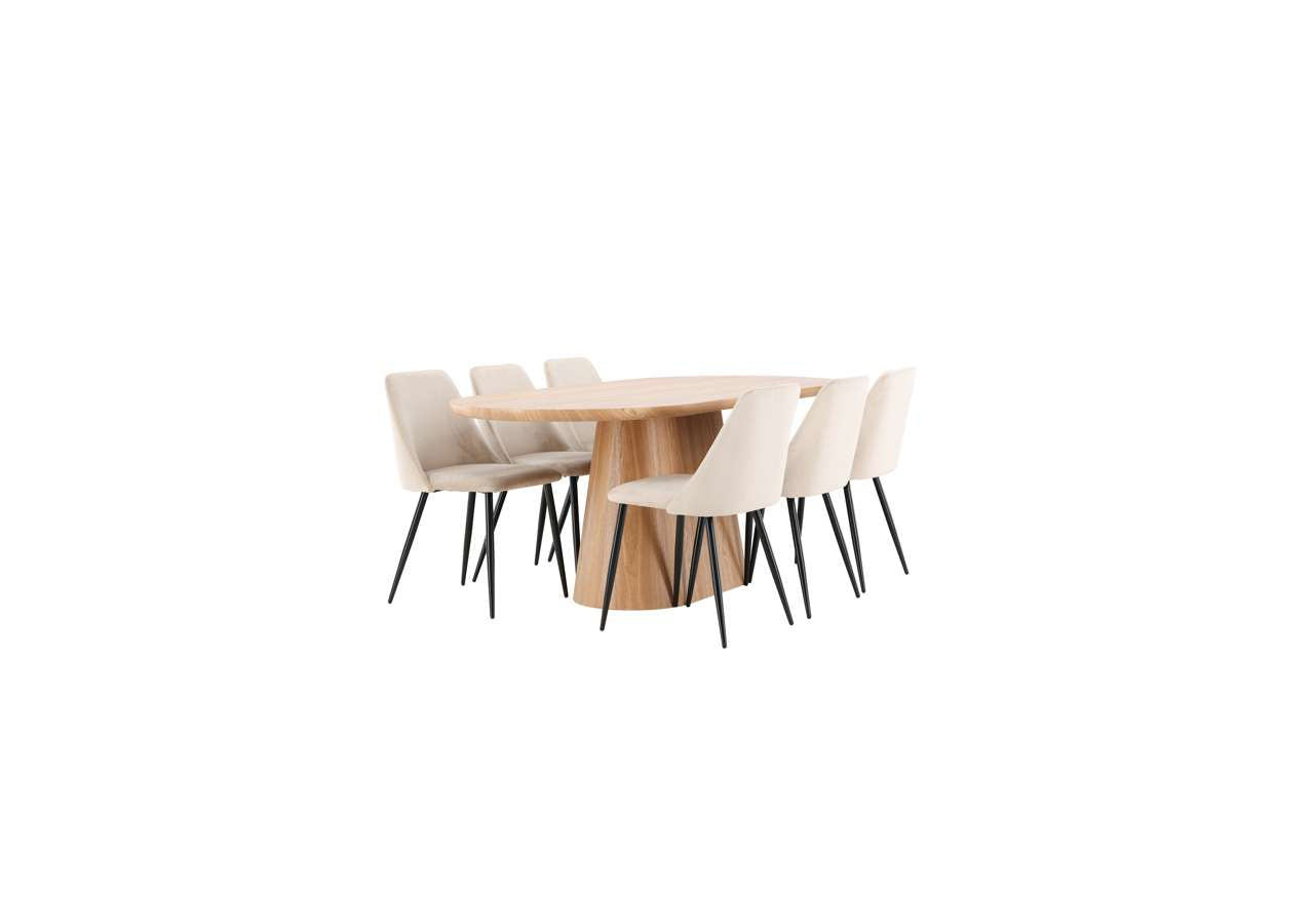 Elegantes Esszimmerset Stjärnö: Grosser Tisch (200x90 cm) mit naturholzfarbener MDF-Platte und beigen Samtstühlen.
