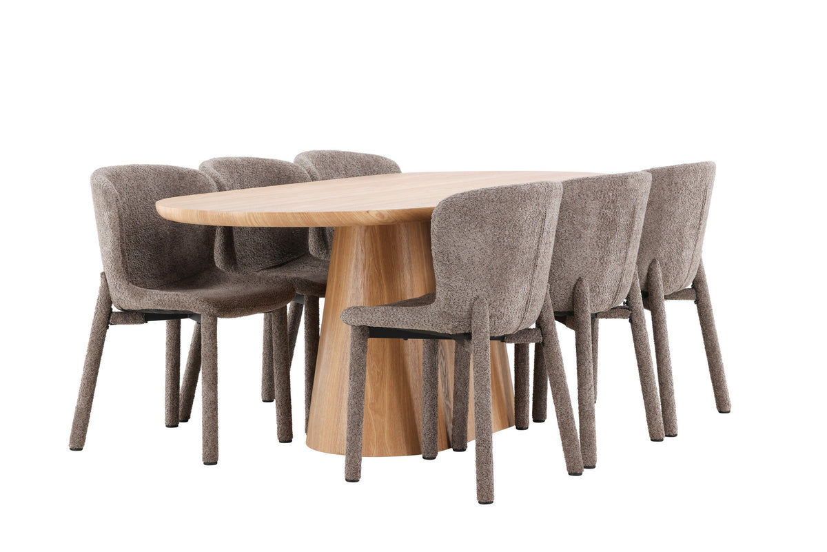 Ovaler Esstisch 200x90 cm aus MDF in Naturfarbe mit zwei gepolsterten Esszimmerstühlen in Braun, Bouclé-Bezug, Esszimmerset von Venture Home